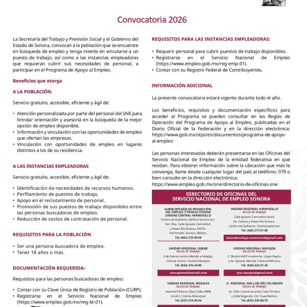 La Secretaría del Trabajo y Previsión Social y el Gobierno del Estado de Sonora convocan a participar en Programa de Apoyo al Empleo